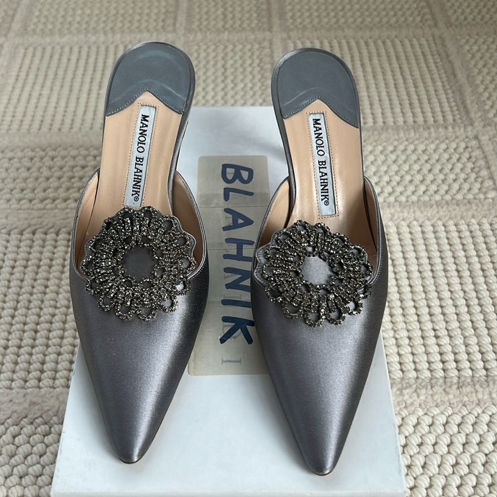 Manolo Blahnik Silver gray Satin Mules with rhinestone appliqués Size 5. 1/2
